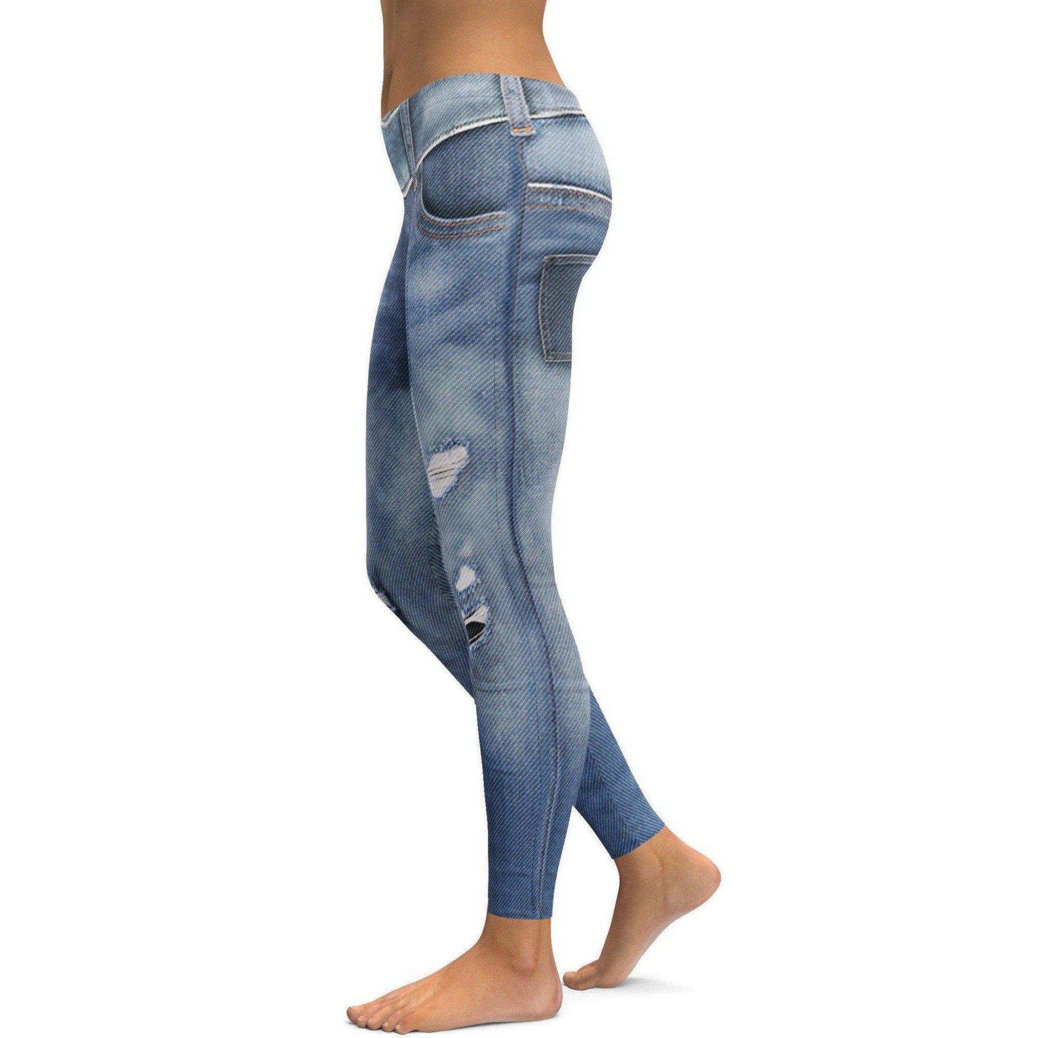 Womens Workout Yoga Realistic Jeans Leggings Blue/White