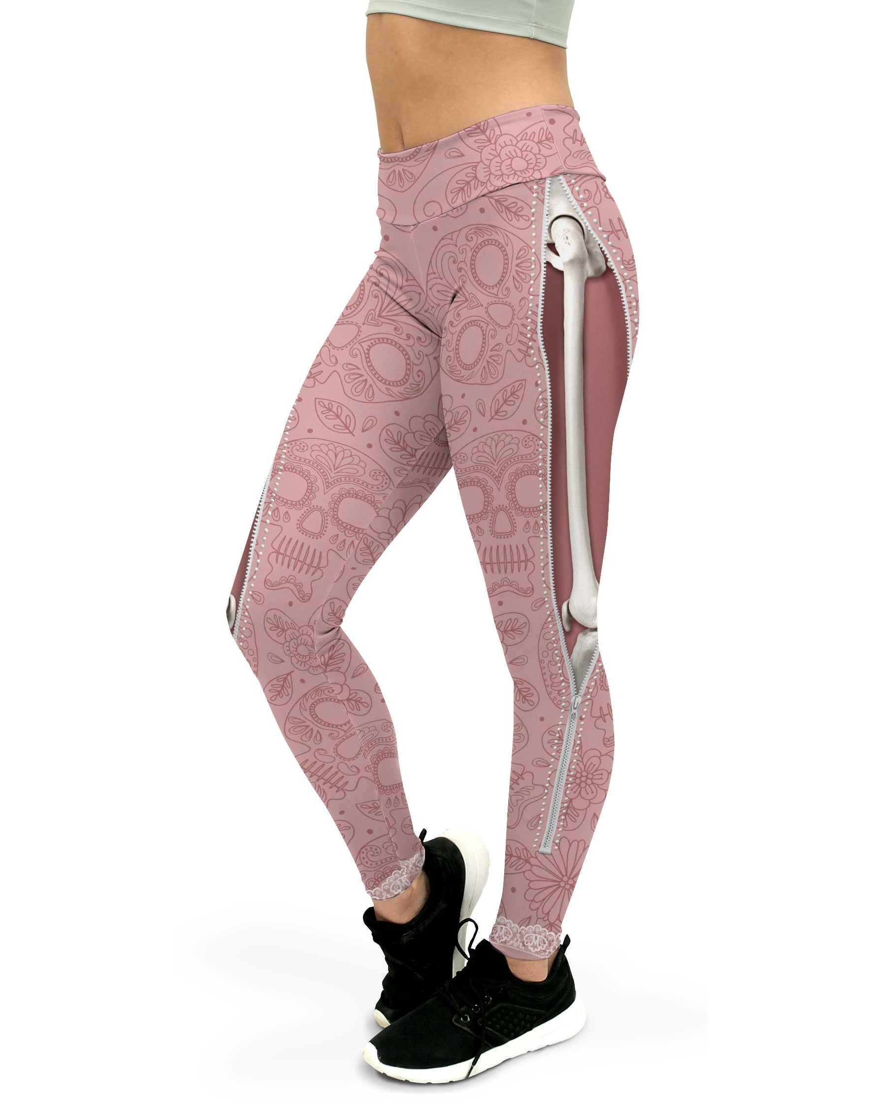 Women's realistic skeleton printed yoga pants front view