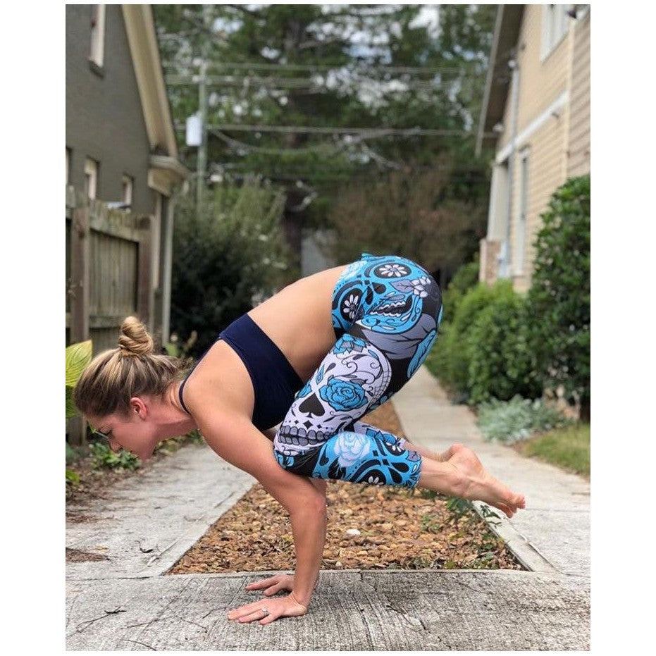 Womens Workout Yoga Sky Blue Sugar Skull Leggings Black/Sky Blue/White | Gearbunch.com