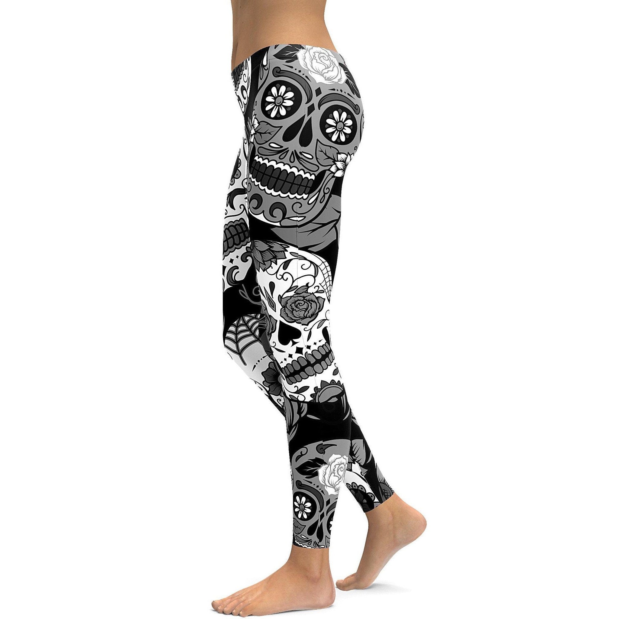 Womens Workout Yoga Black & White Sugar Skull Leggings Grey/Black/White  | Gearbunch.com