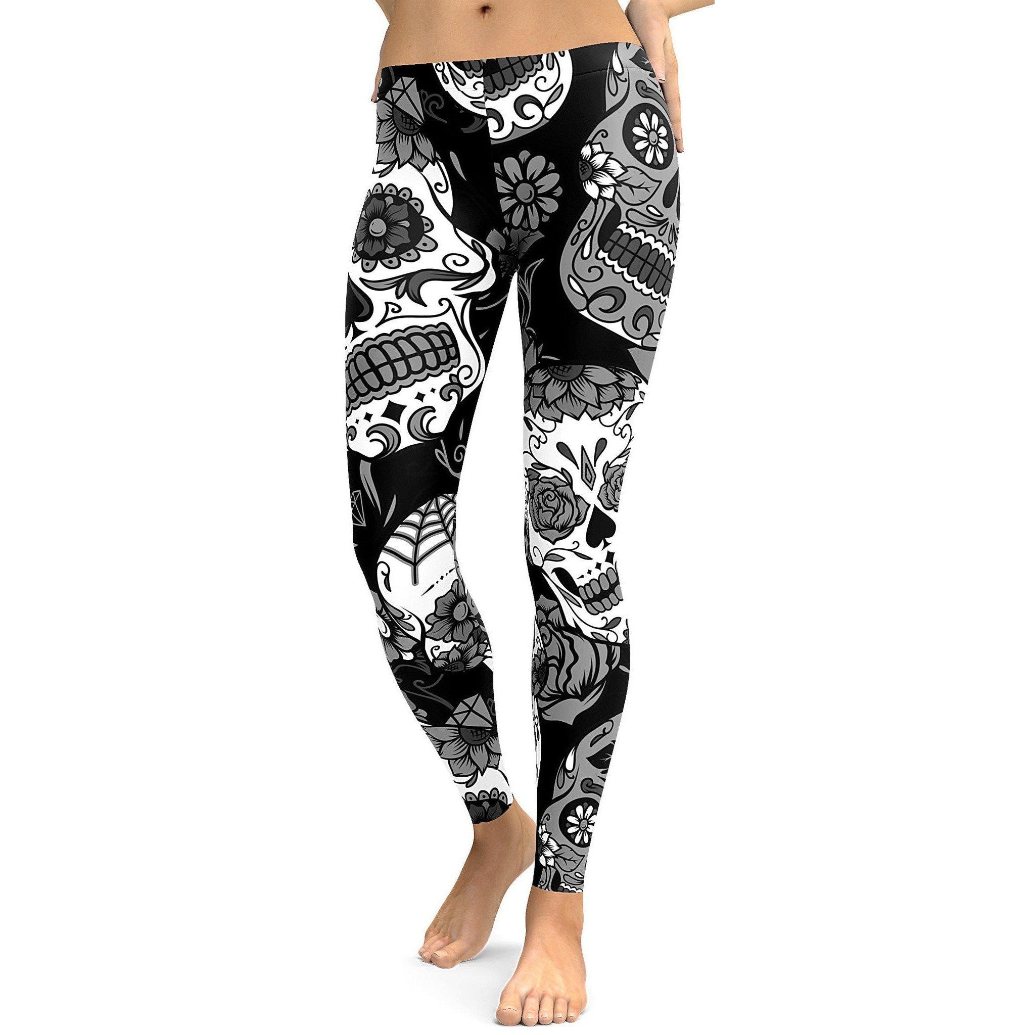 Womens Workout Yoga Black White Sugar Skull Leggings Grey Black White Gearbunch GearBunch
