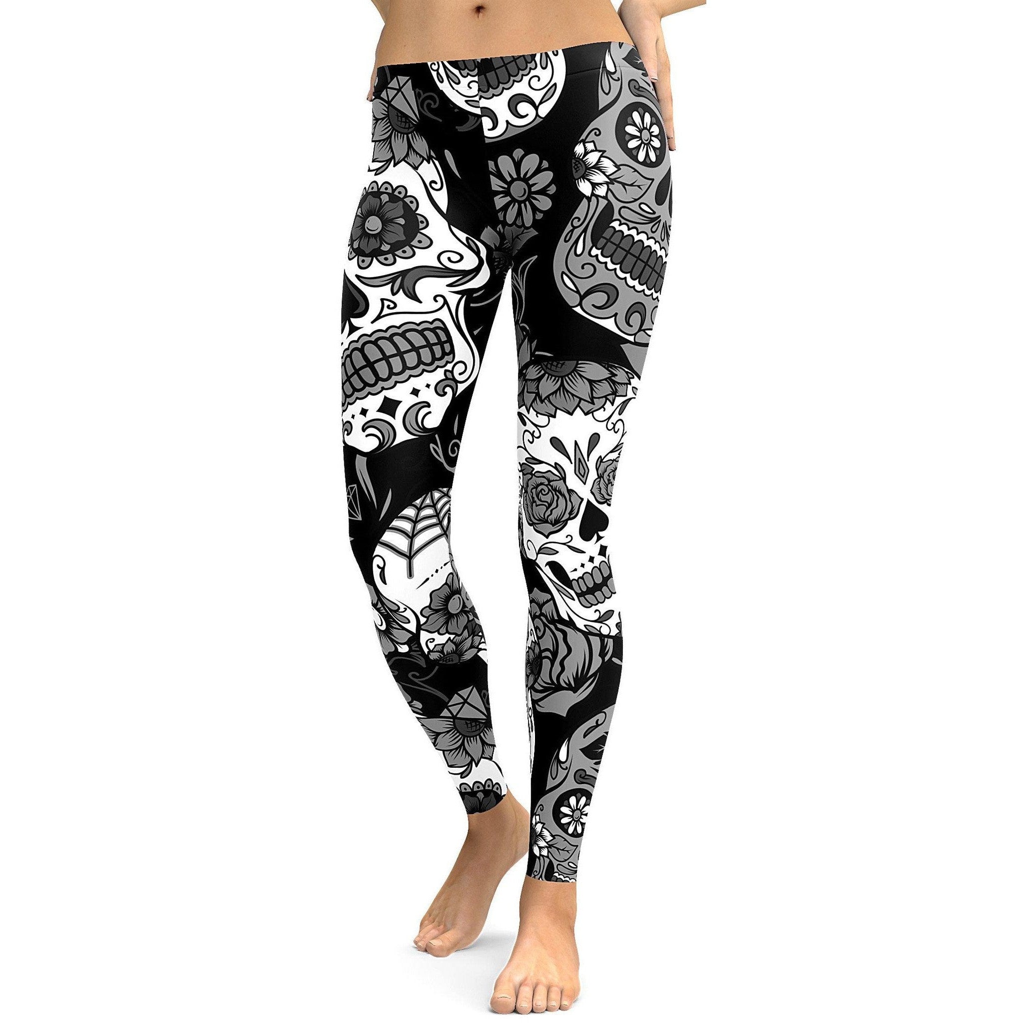 Womens Workout Yoga Black & White Sugar Skull Leggings Grey/Black/White  | Gearbunch.com