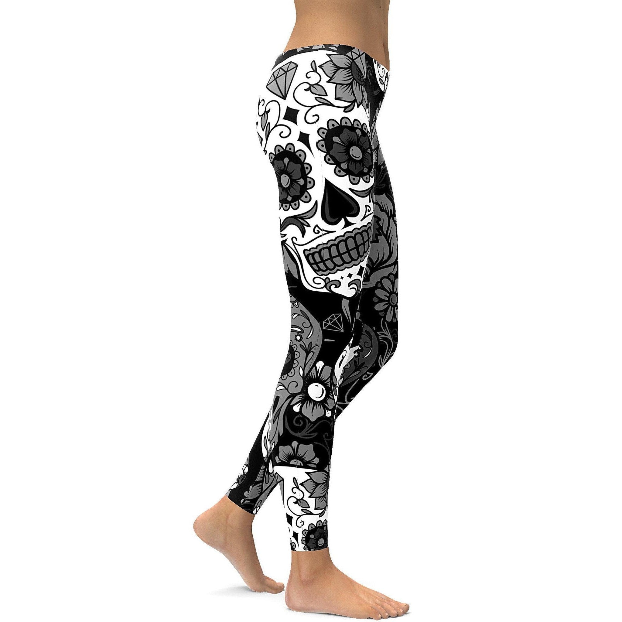 Womens Workout Yoga Black & White Sugar Skull Leggings Grey/Black/White  | Gearbunch.com