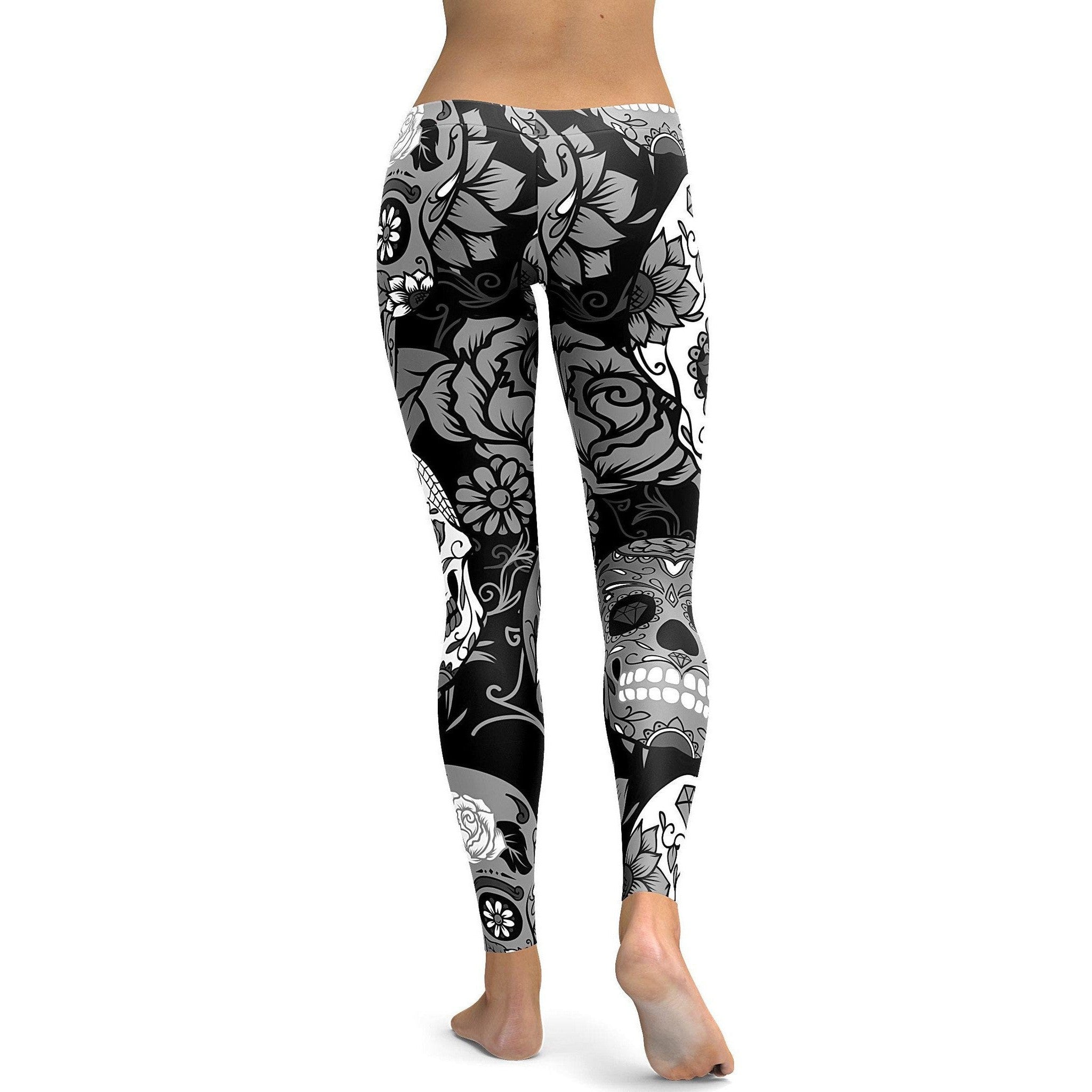 Womens Workout Yoga Black & White Sugar Skull Leggings Grey/Black/White  | Gearbunch.com