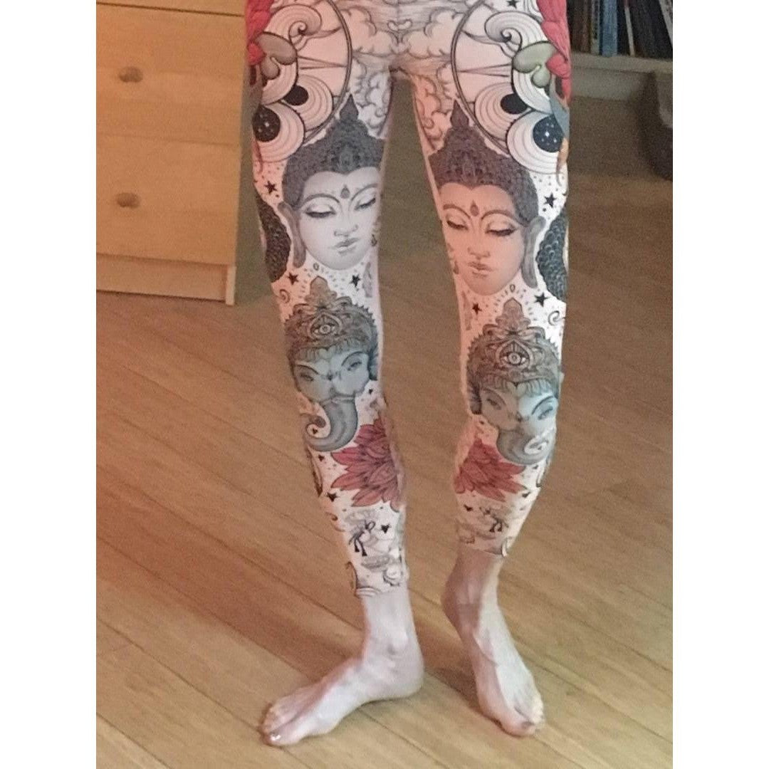 Womens Workout Yoga Tattooed Lotus Leggings Red/Cream/Black | Gearbunch.com