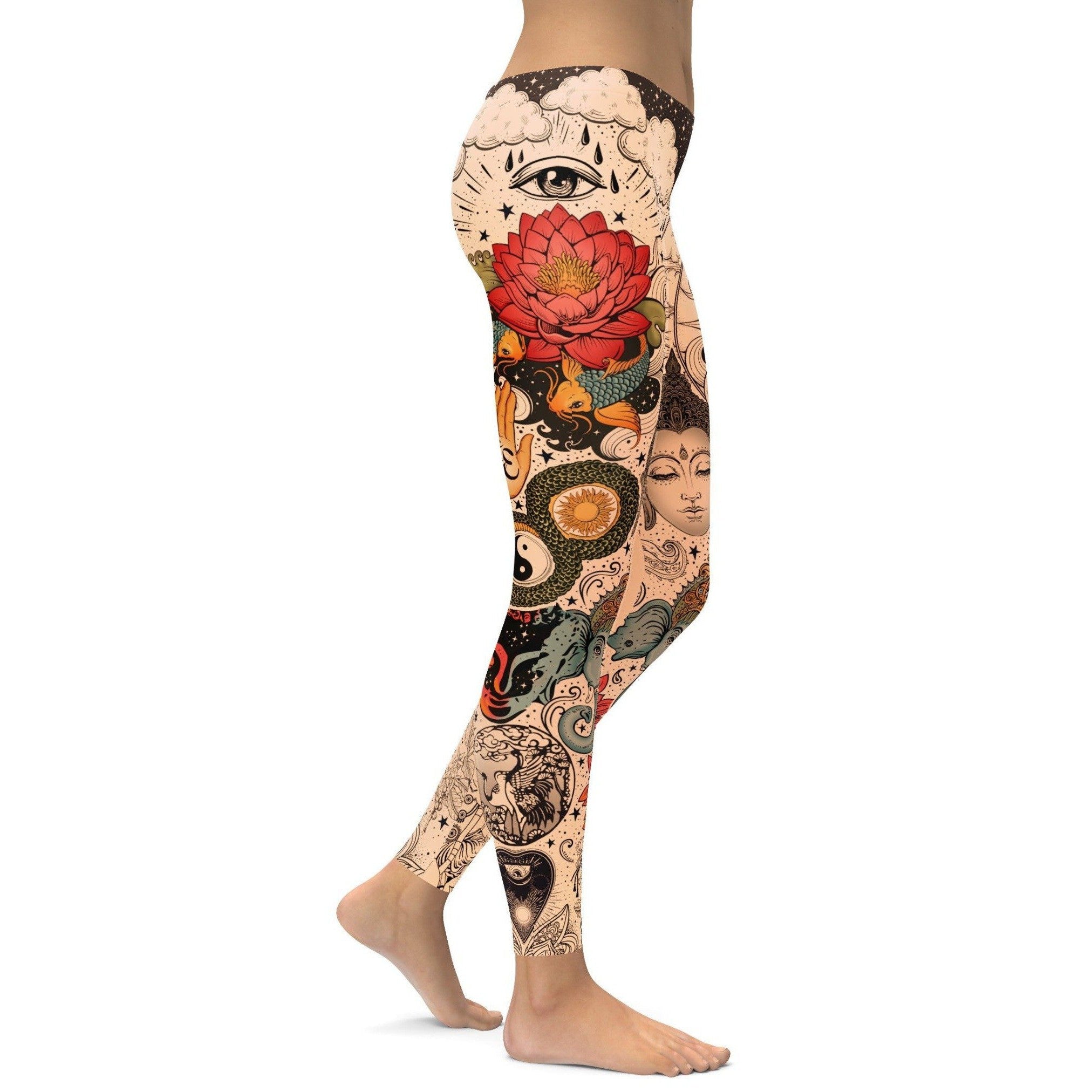 Womens Workout Yoga Tattooed Lotus Leggings Red/Cream/Black | Gearbunch.com