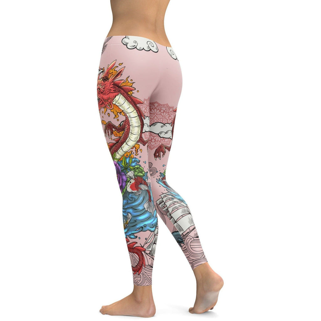 Womens Workout Yoga Tattooed Dragon Leggings Pink/Blue