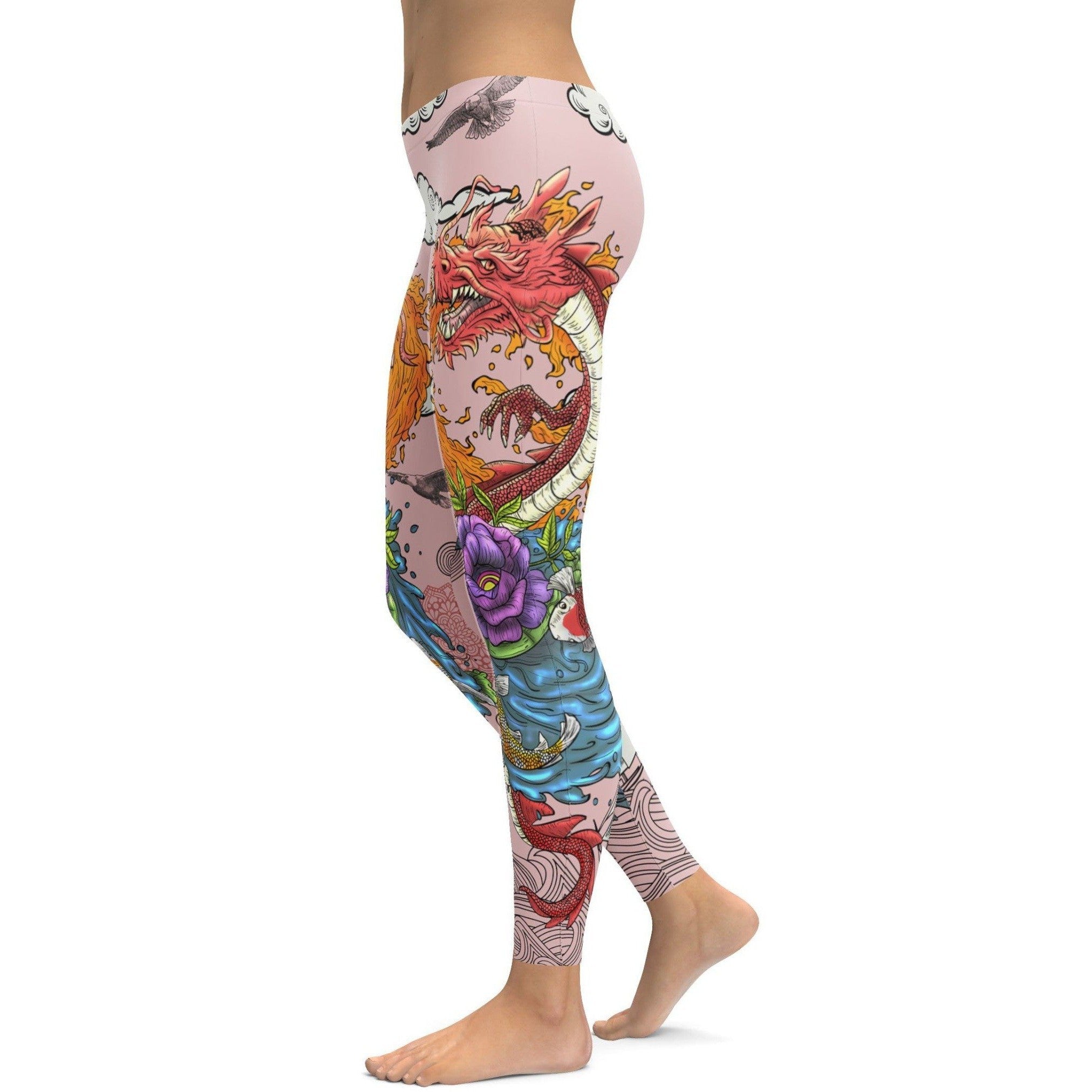 Womens Workout Yoga Tattooed Dragon Leggings Pink/Blue