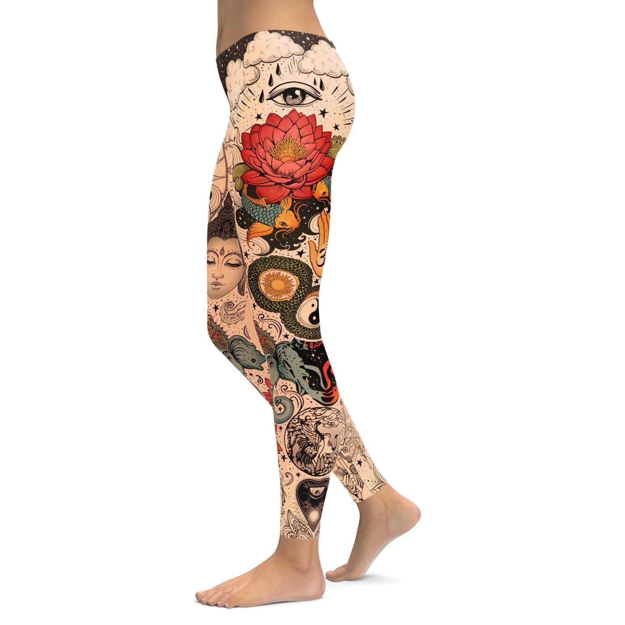 Womens Workout Yoga Tattooed Lotus Leggings Red/Cream/Black | Gearbunch.com