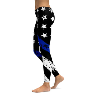 Womens Workout Yoga Thin Blue Line Leggings Blue/White/Black | Gearbunch.com
