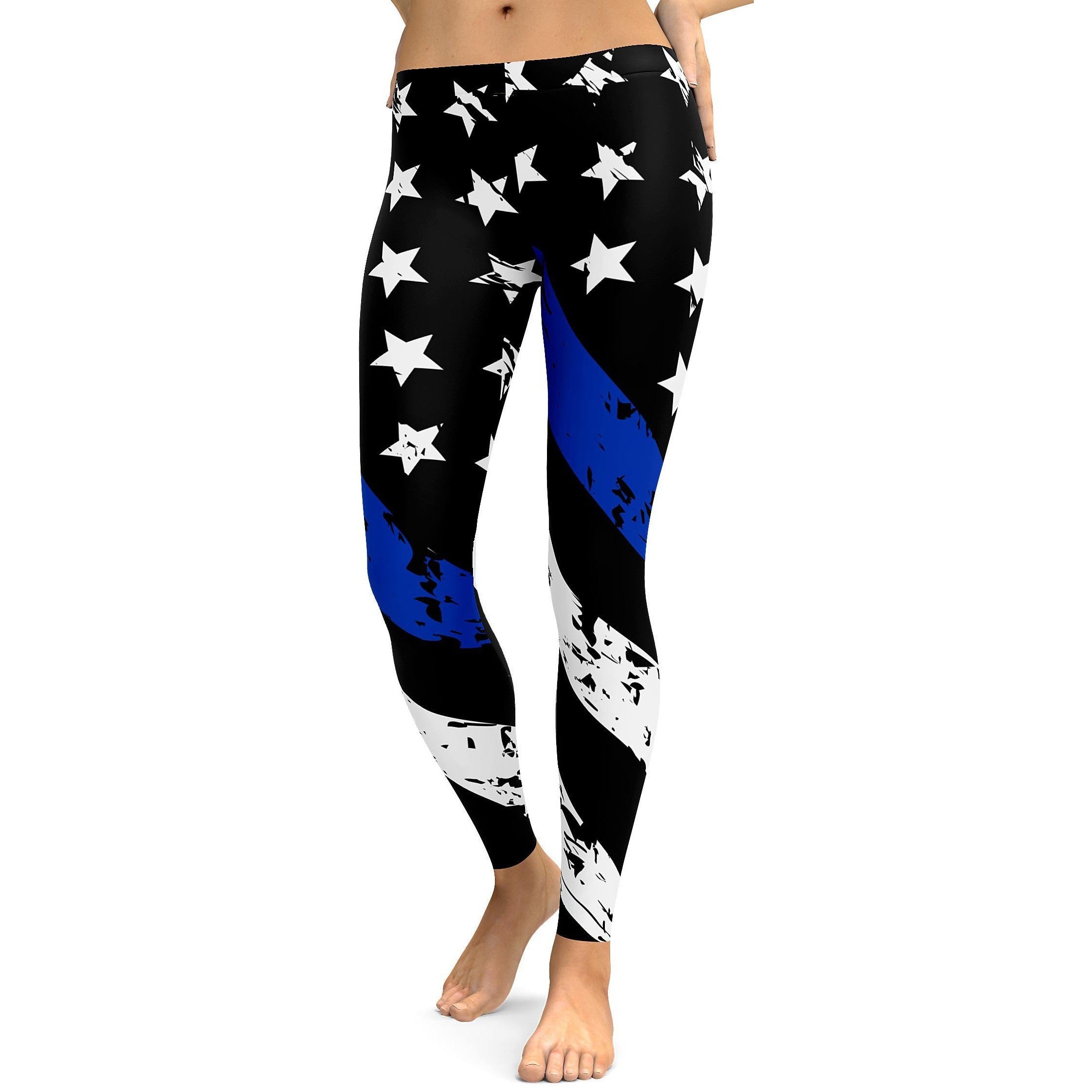 Womens Workout Yoga Thin Blue Line Leggings Blue/White/Black | Gearbunch.com