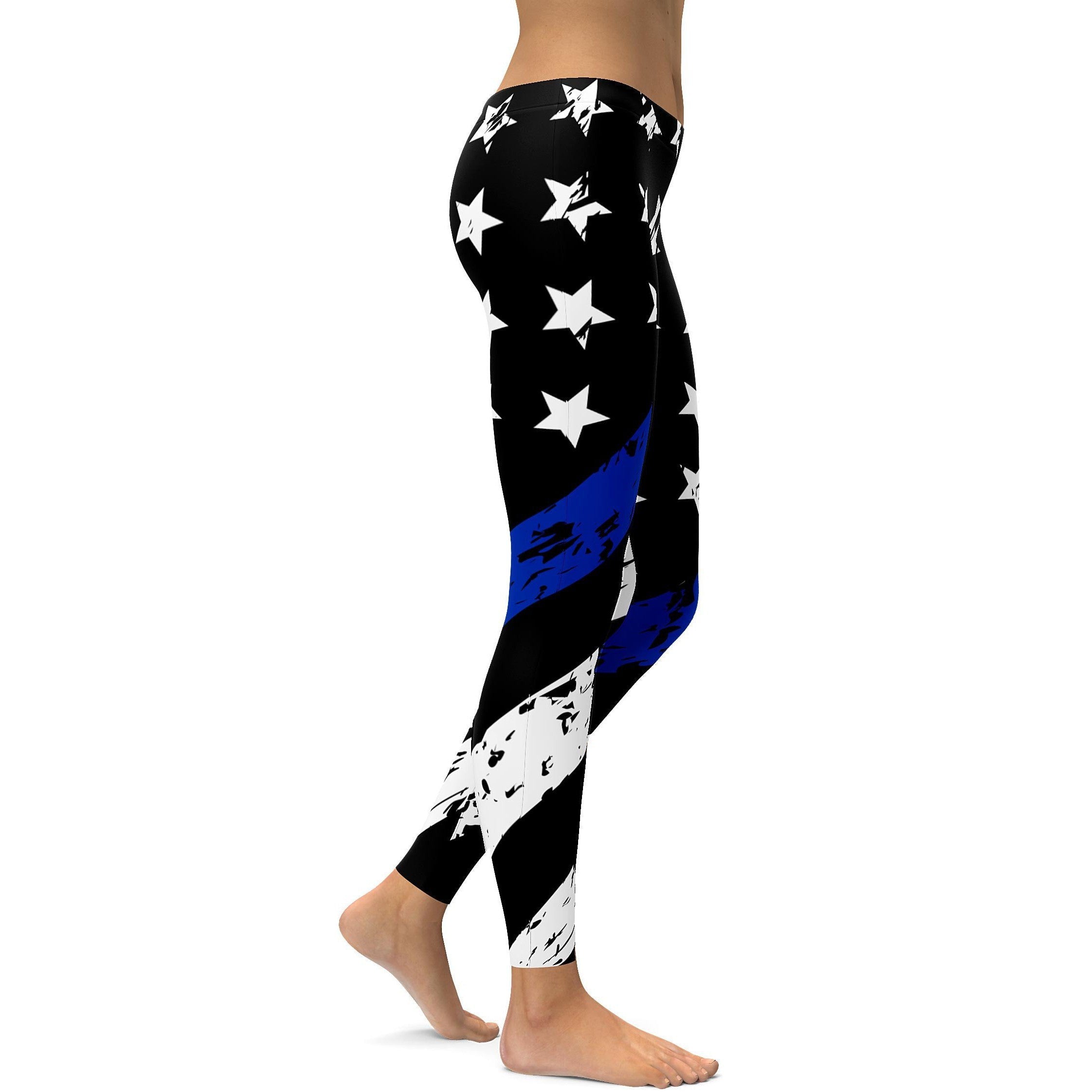 Womens Workout Yoga Thin Blue Line Leggings Blue/White/Black | Gearbunch.com