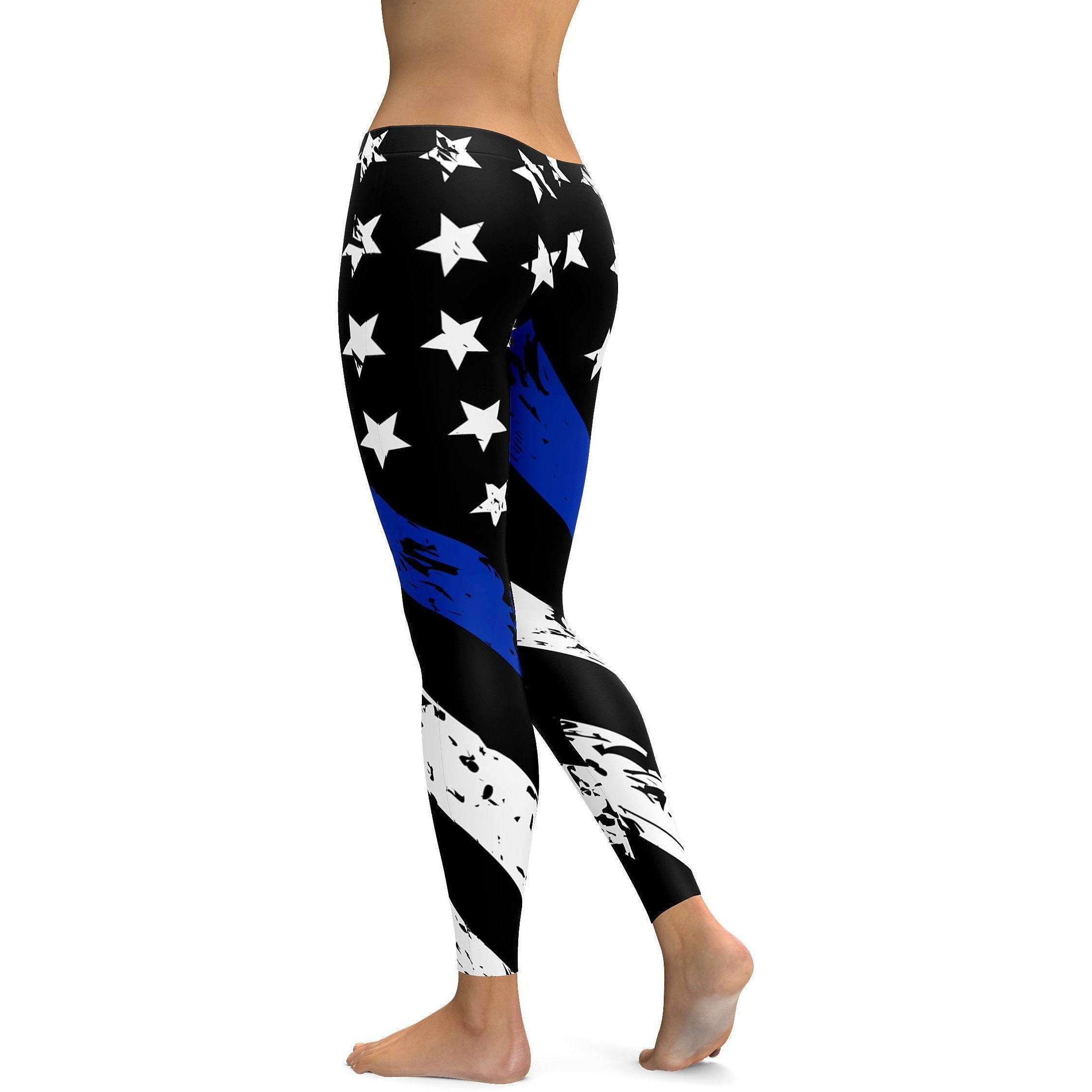 Womens Workout Yoga Thin Blue Line Leggings Blue/White/Black | Gearbunch.com