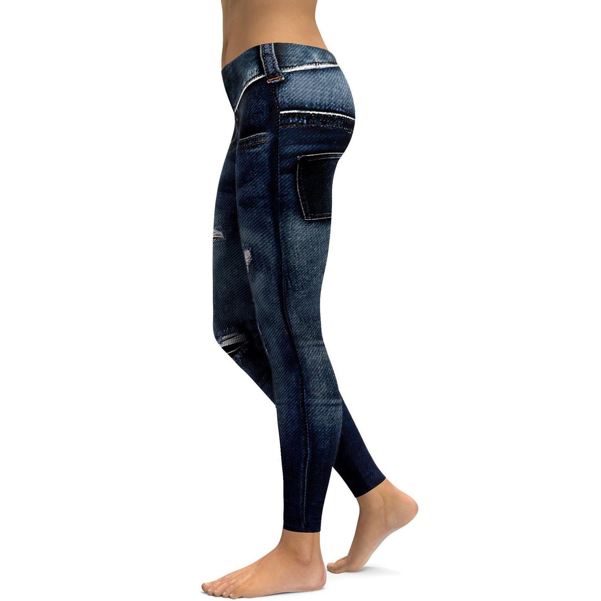 Womens Workout Yoga Realistic Denim Jeans Leggings Blue/Light Blue