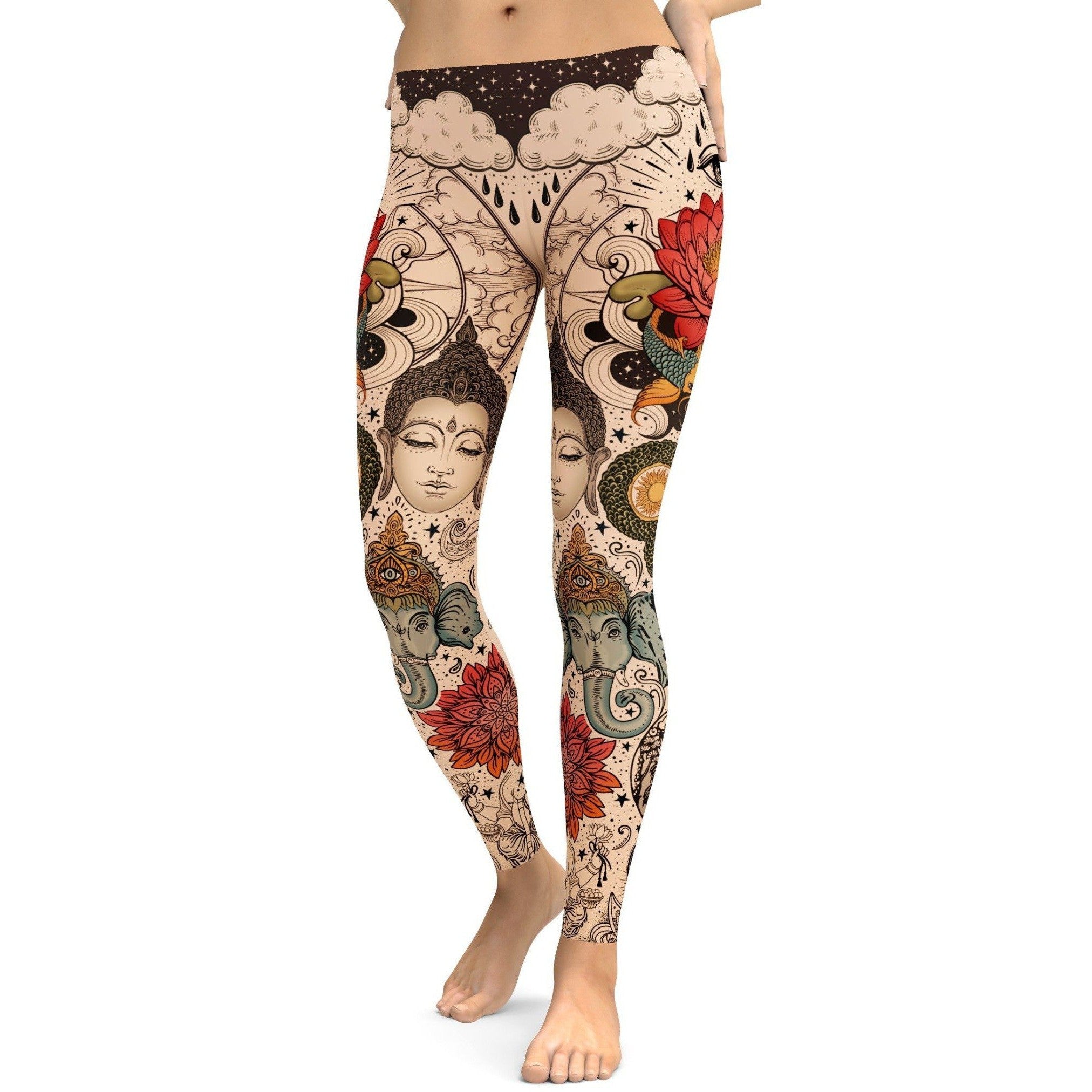 Womens Workout Yoga Tattooed Lotus Leggings Red/Cream/Black | Gearbunch.com