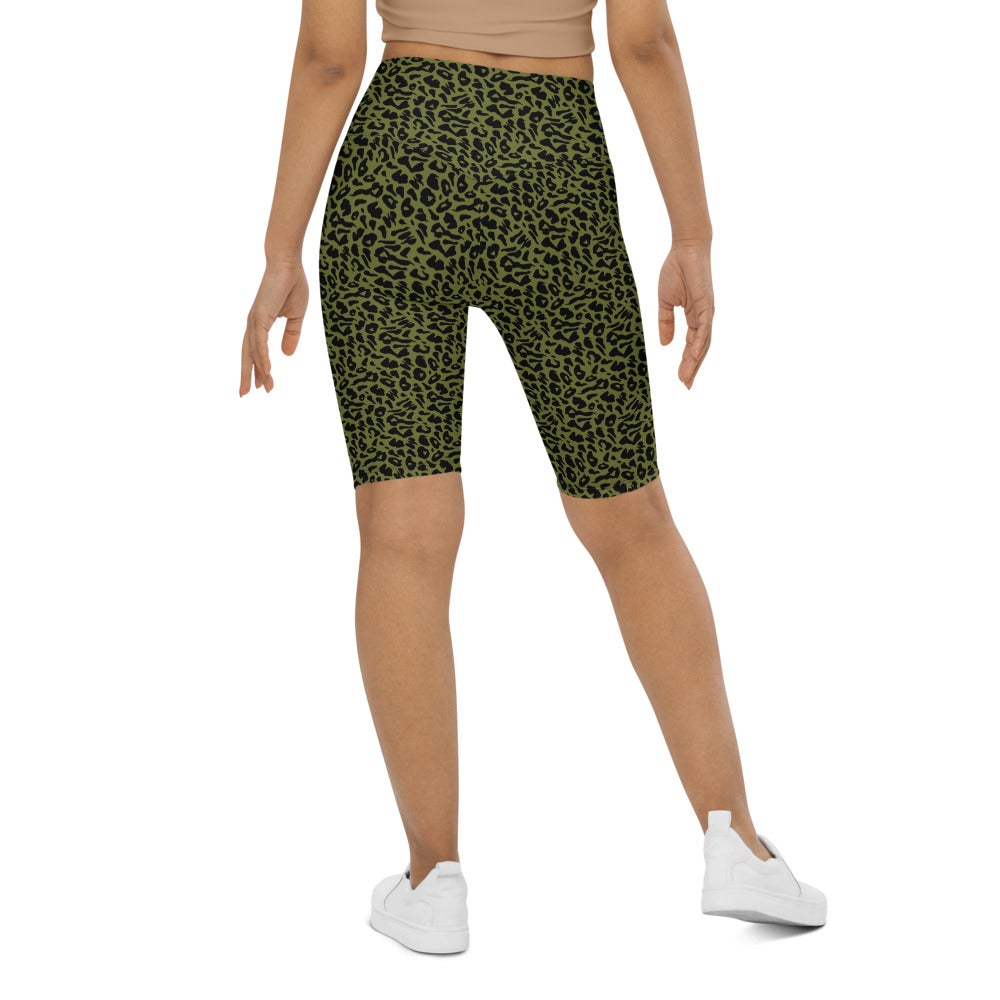 Womens Bike Shorts Olive Green Leopard Skin | Gearbunch.com