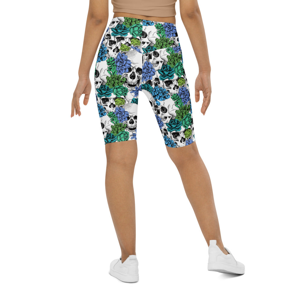 Womens Bike Shorts Blue Floral Skulls Green/White | Gearbunch.com