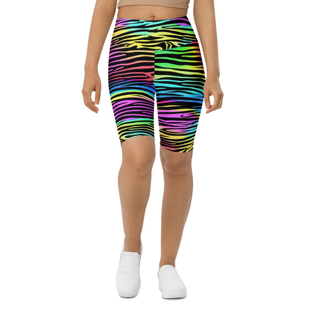 Womens Bike Shorts Colorful Zebra Striped Rainbow | Gearbunch.com