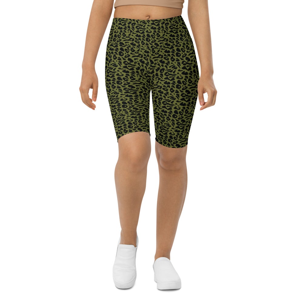 Womens Bike Shorts Olive Green Leopard Skin | Gearbunch.com