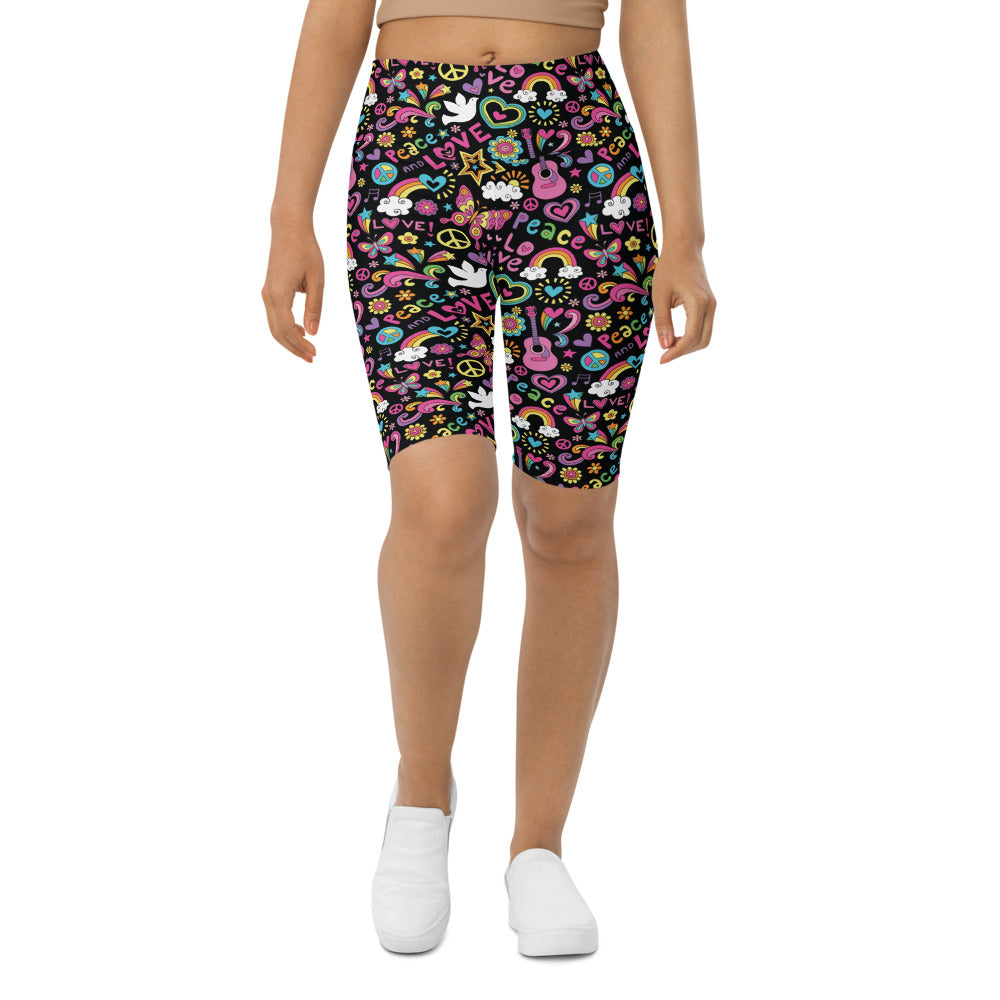 Womens Bike Shorts Peace and Love Black/Pink/Blue | Gearbunch.com