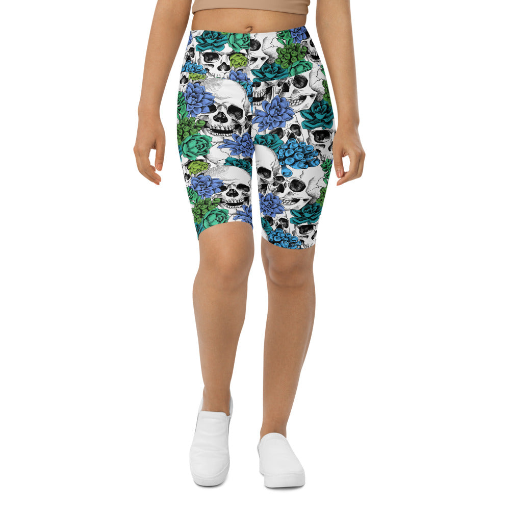 Womens Bike Shorts Blue Floral Skulls Green/White | Gearbunch.com