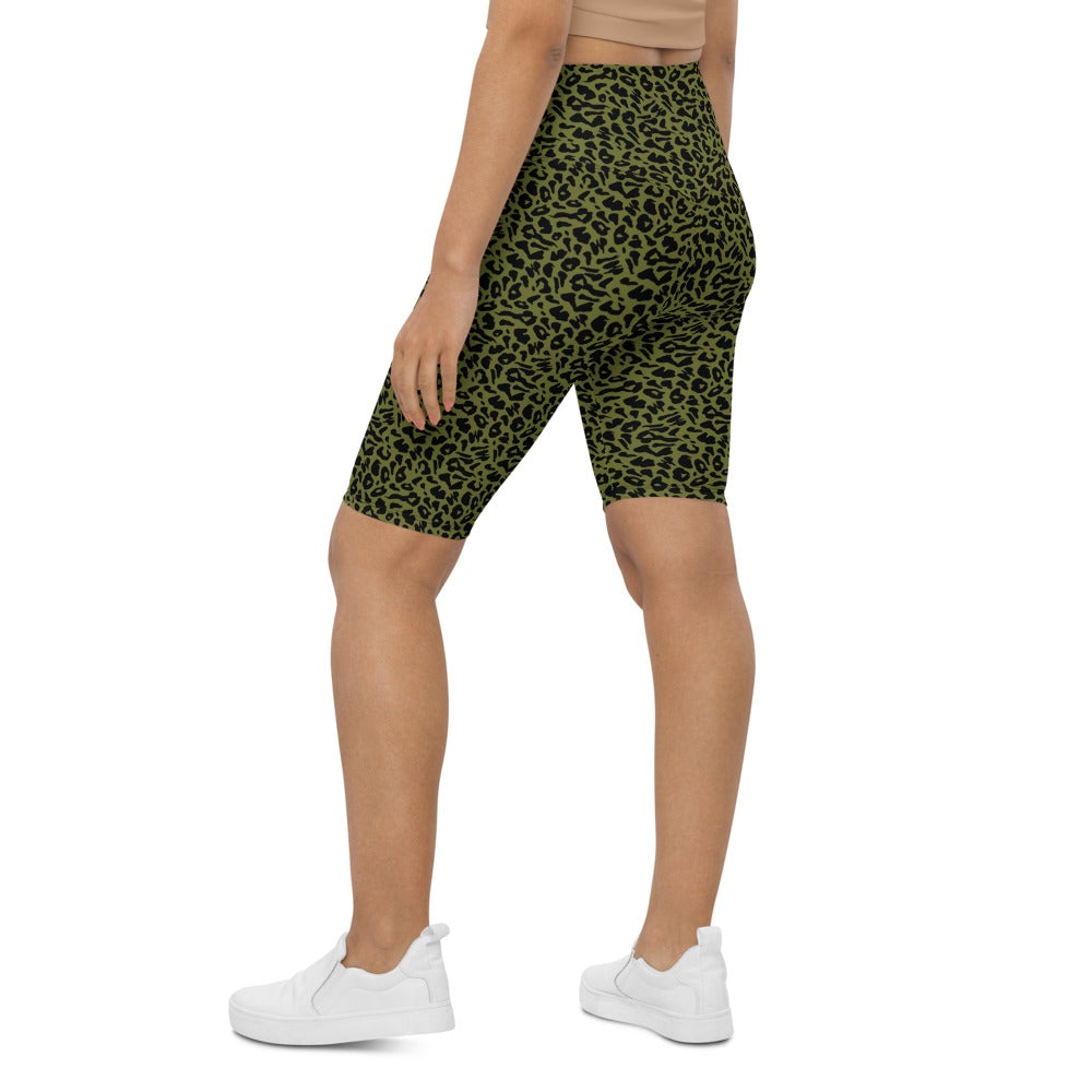 Womens Bike Shorts Olive Green Leopard Skin | Gearbunch.com