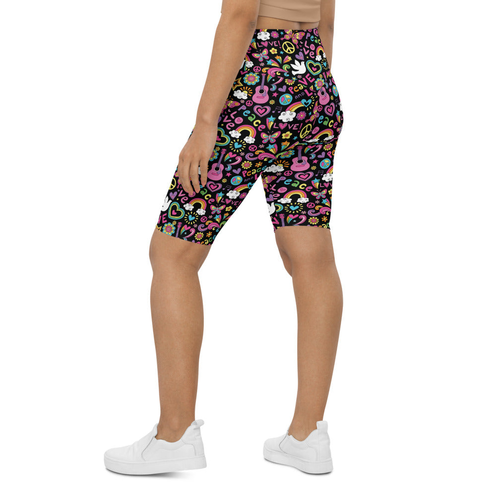 Womens Bike Shorts Peace and Love Black/Pink/Blue | Gearbunch.com