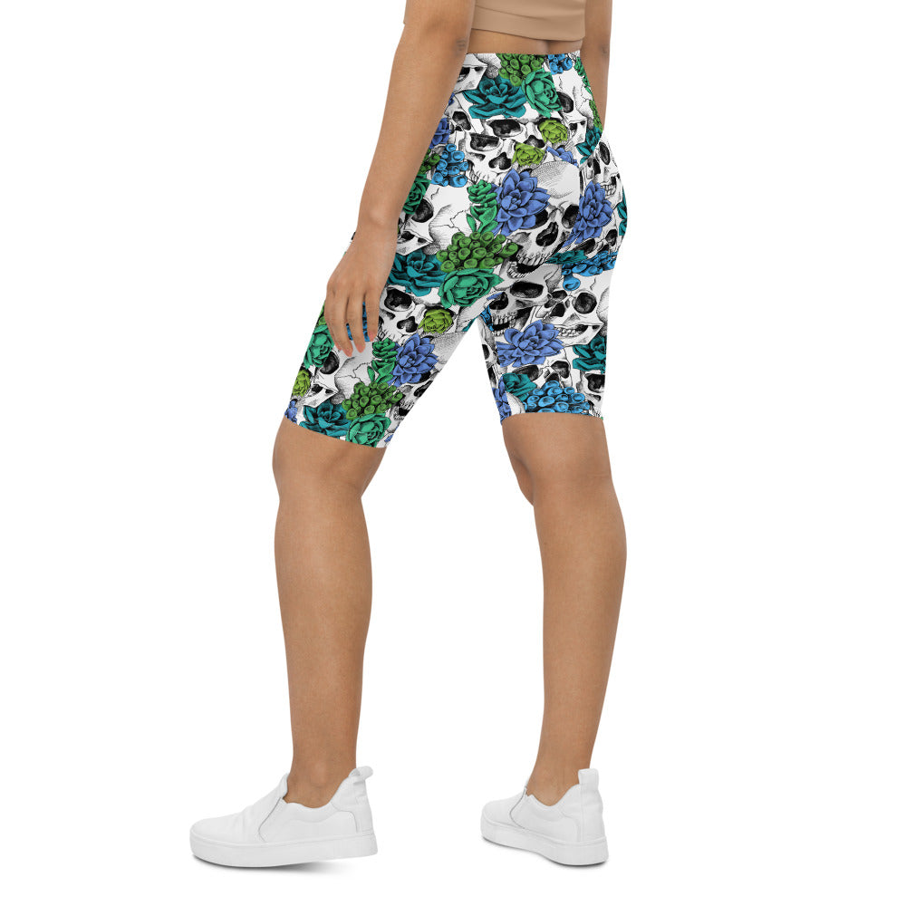 Womens Bike Shorts Blue Floral Skulls Green/White | Gearbunch.com