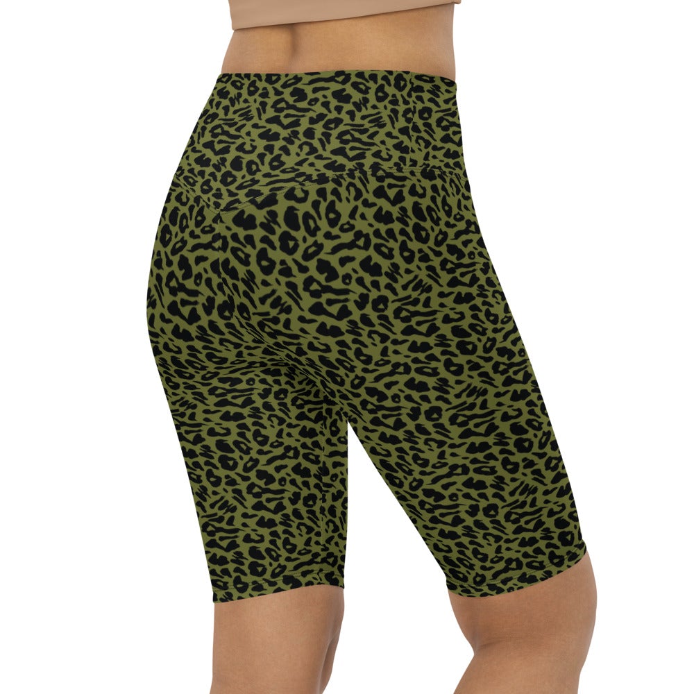 Womens Bike Shorts Olive Green Leopard Skin | Gearbunch.com