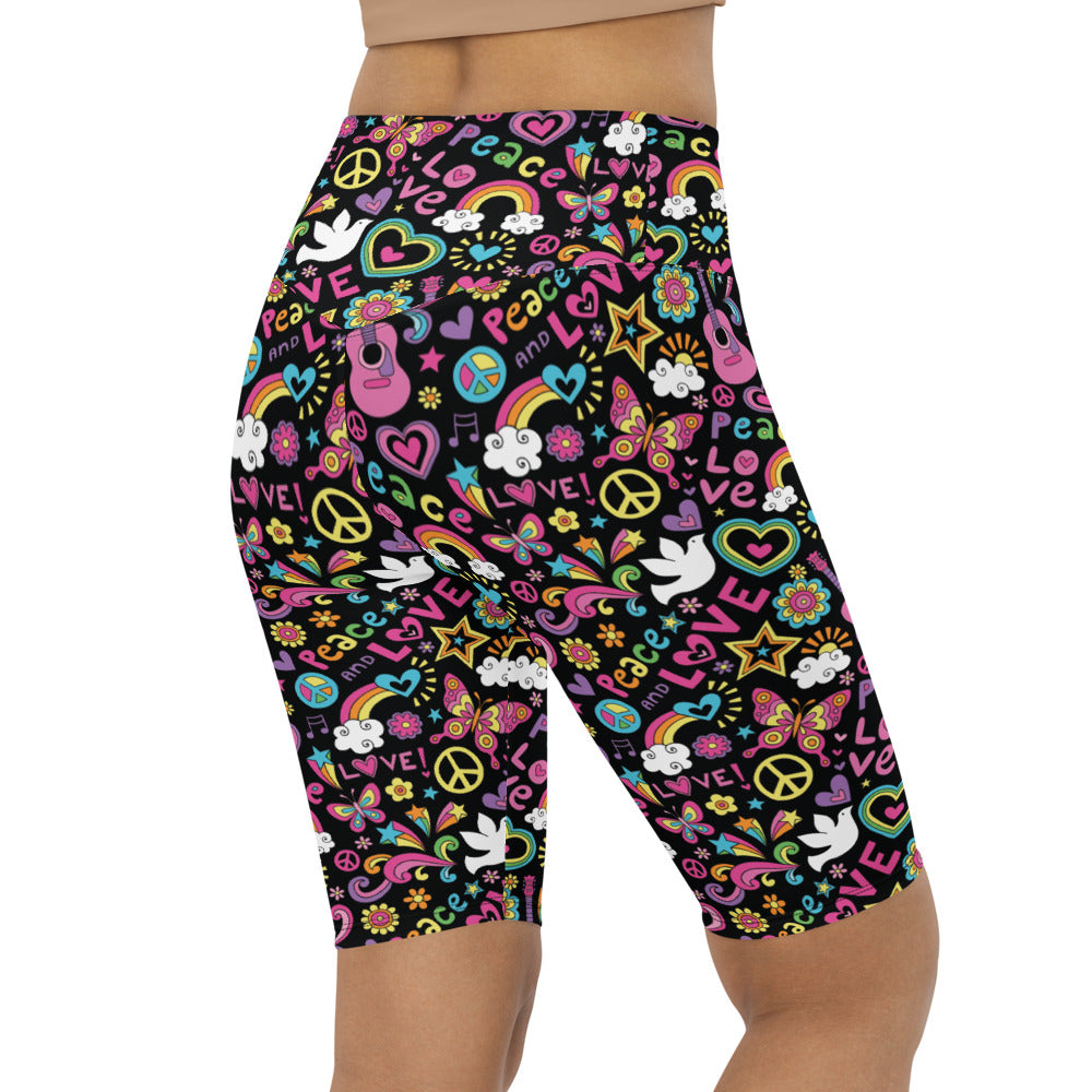 Womens Bike Shorts Peace and Love Black/Pink/Blue | Gearbunch.com