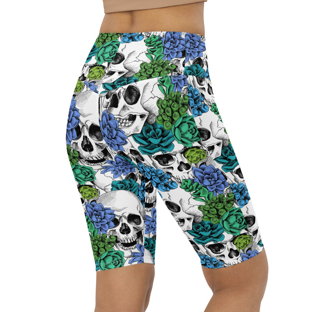 Womens Bike Shorts Blue Floral Skulls Green/White | Gearbunch.com