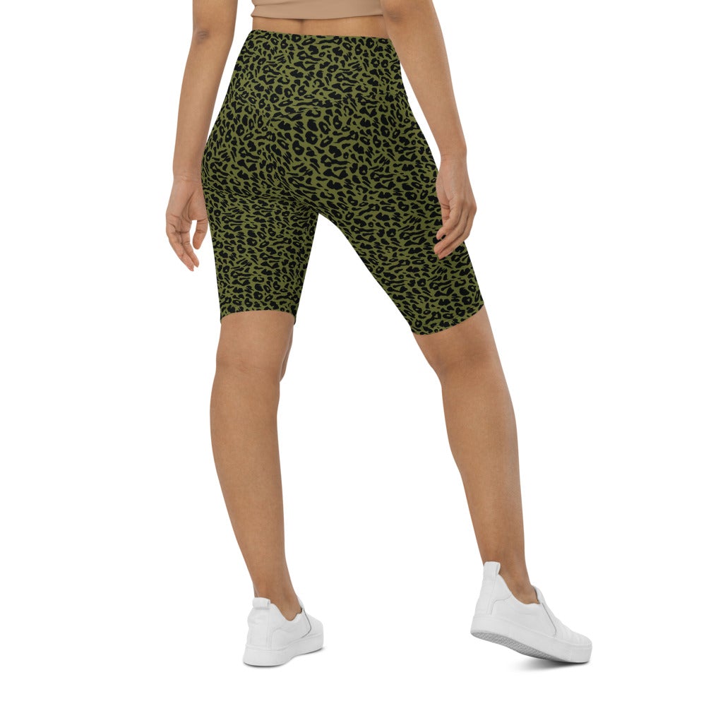 Womens Bike Shorts Olive Green Leopard Skin | Gearbunch.com