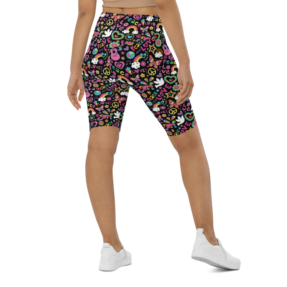 Womens Bike Shorts Peace and Love Black/Pink/Blue | Gearbunch.com