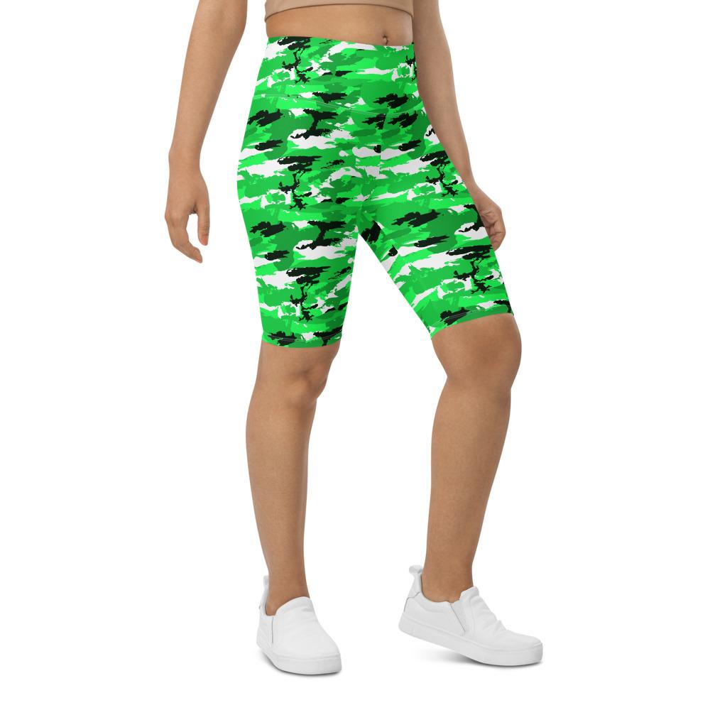 Womens Bike Shorts Lime Green Camo Green/Black/White | Gearbunch.com