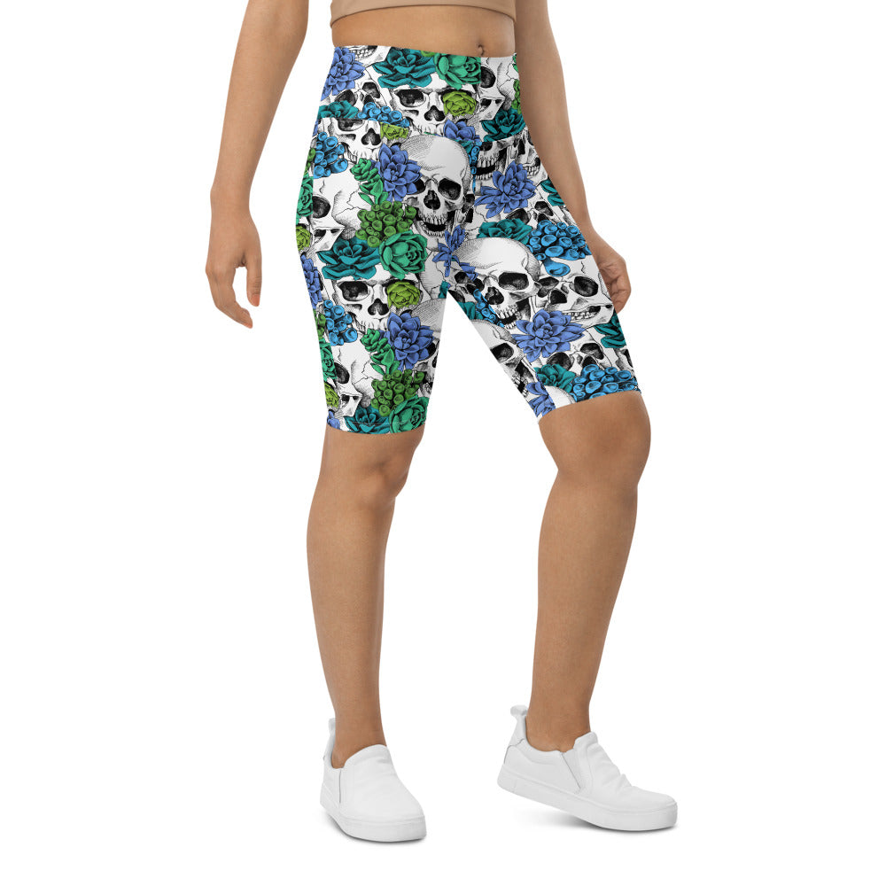 Womens Bike Shorts Blue Floral Skulls Green/White | Gearbunch.com