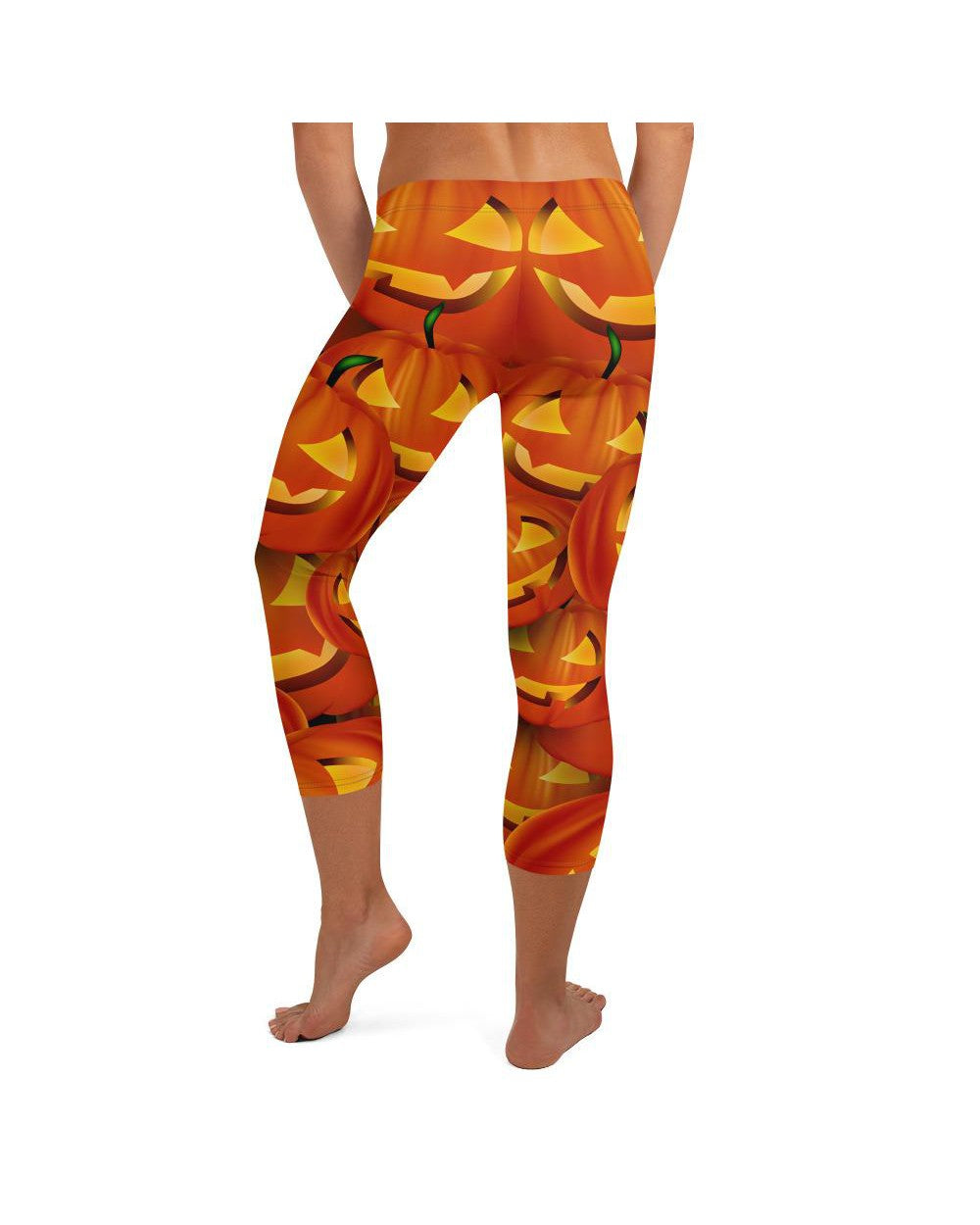 Womens Halloween Pumpkin Capri Leggings Orange/Yellow | Gearbunch.com