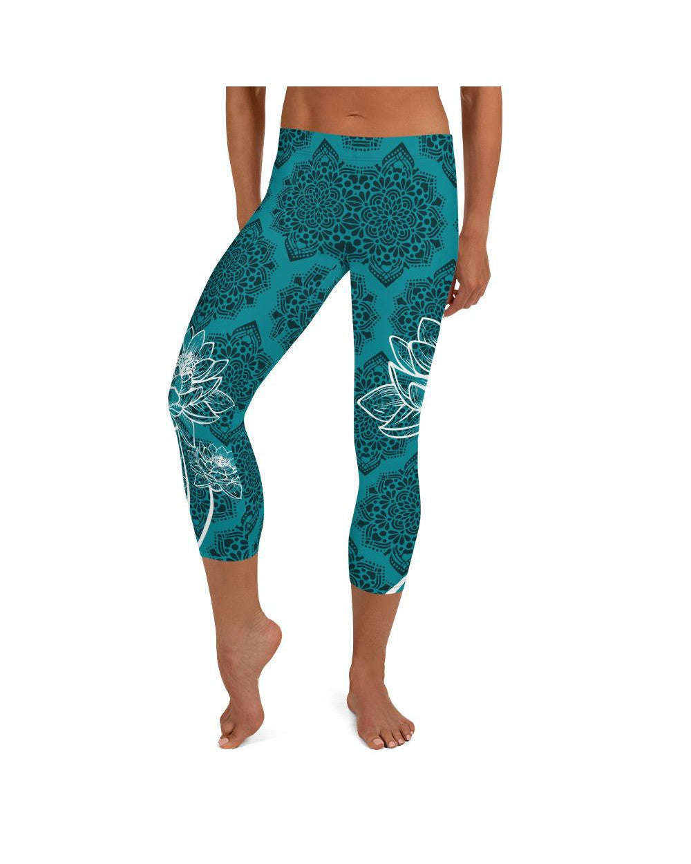 Womens Fashion Cyan Blue Lotus Capri Leggings | Gearbunch.com