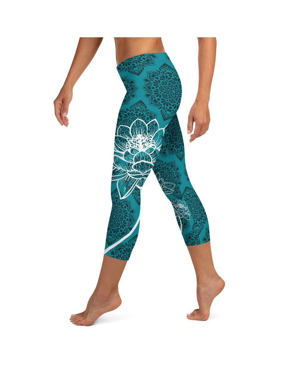 Womens Fashion Cyan Blue Lotus Capri Leggings | Gearbunch.com