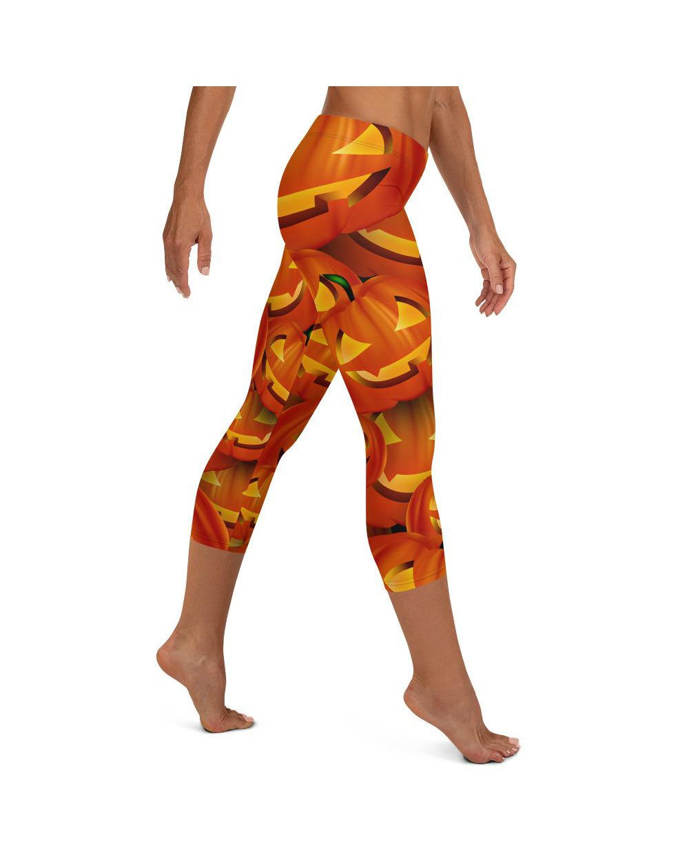 Womens Halloween Pumpkin Capri Leggings Orange/Yellow | Gearbunch.com