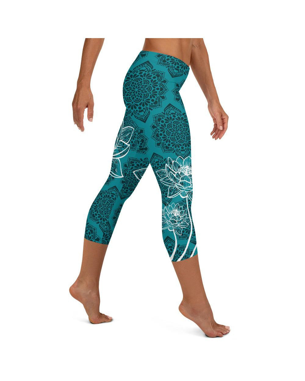 Womens Fashion Cyan Blue Lotus Capri Leggings | Gearbunch.com