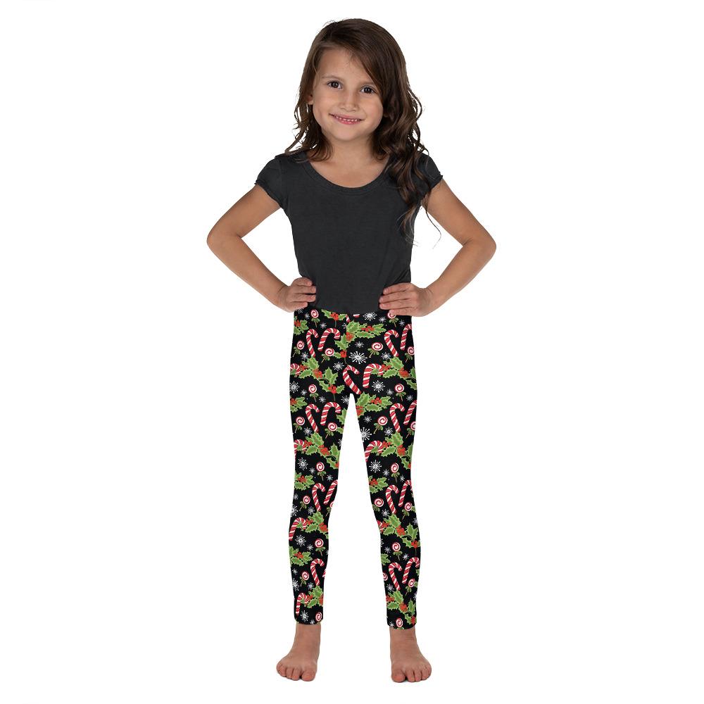 Kids Children Holly Leaves with Berries Leggings Black | Gearbunch.com