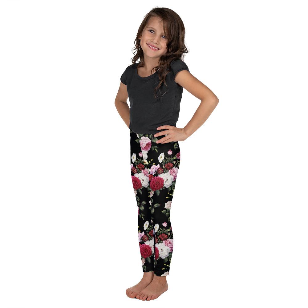 Kids Children Colorful Roses Leggings Black/Pink/White | Gearbunch.com