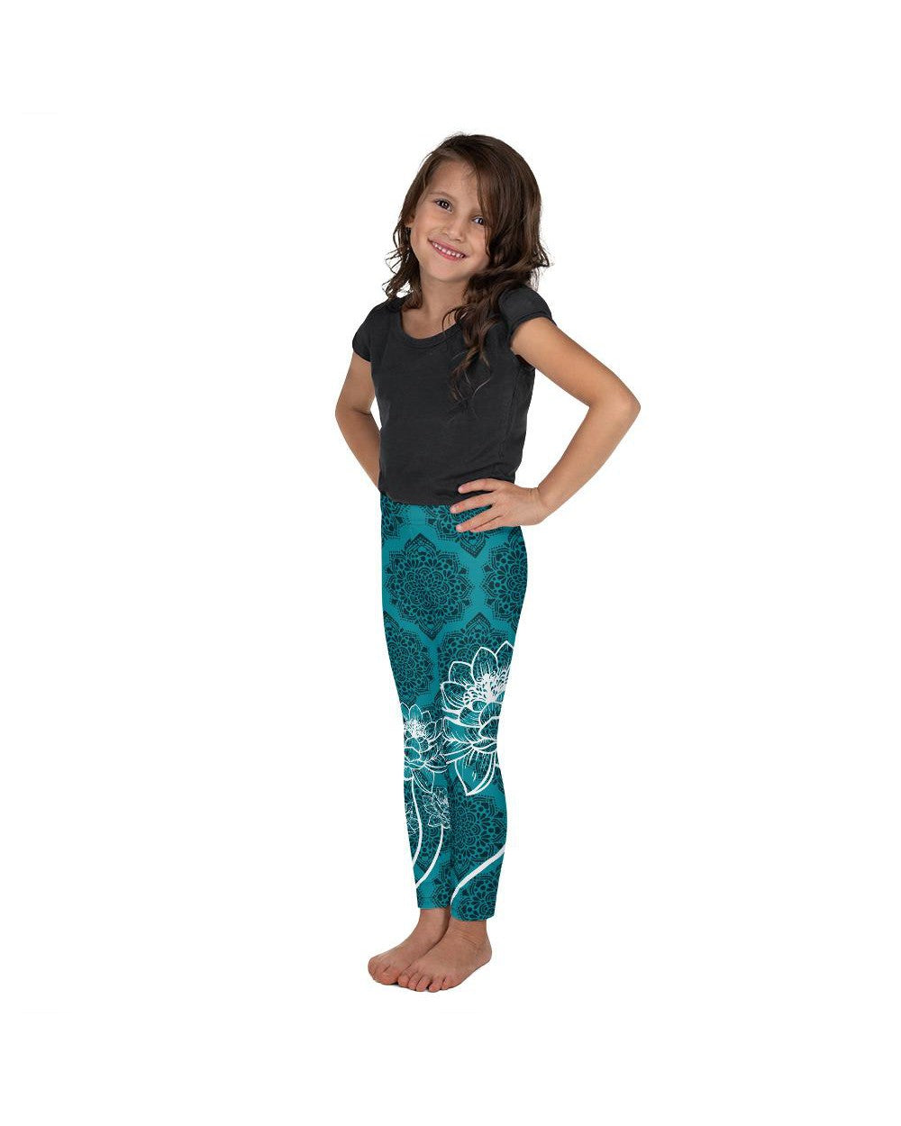 Kid Children Cyan Blue Lotus Leggings Blue/Black/White | Gearbunch.com