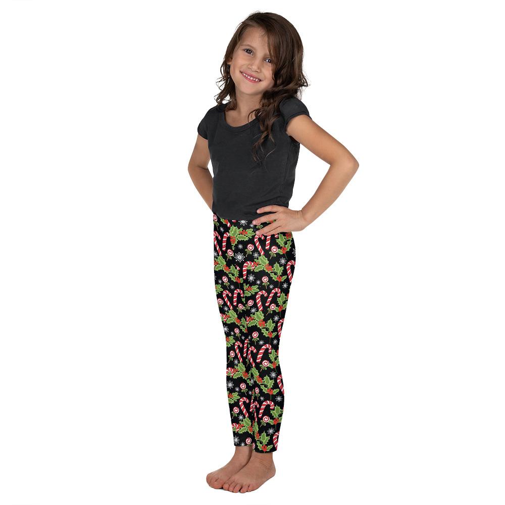 Kids Children Holly Leaves with Berries Leggings Black | Gearbunch.com