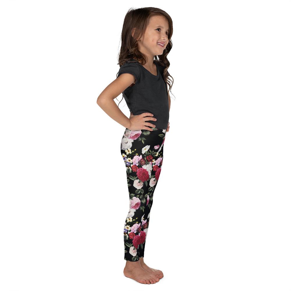 Kids Children Colorful Roses Leggings Black/Pink/White | Gearbunch.com