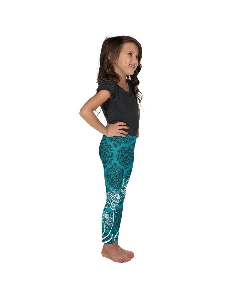 Kid Children Cyan Blue Lotus Leggings Blue/Black/White | Gearbunch.com