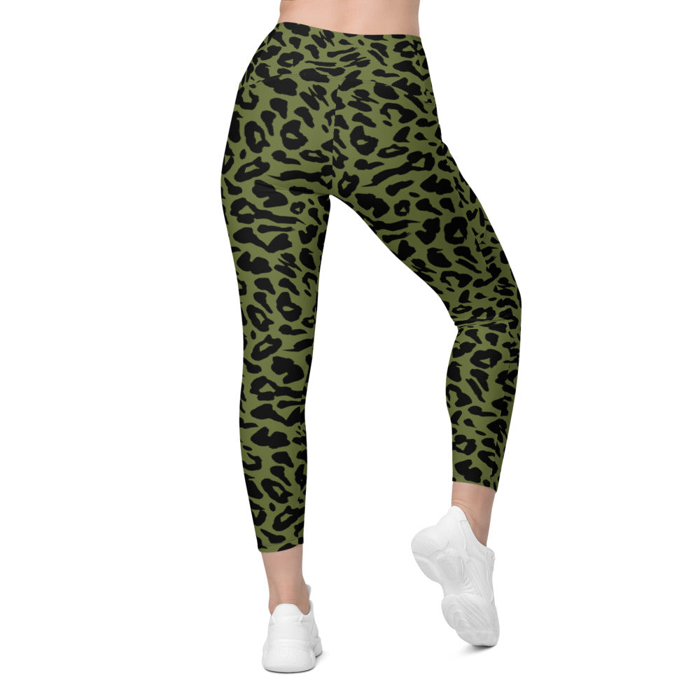 Womens Workout Yoga Olive Green Leopard Skin Leggings with Pockets