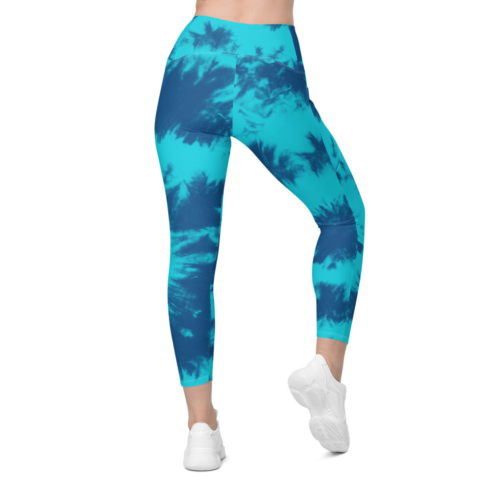 Womens Workout Yoga Blue & Aqua Tie Dye Leggings with Pockets