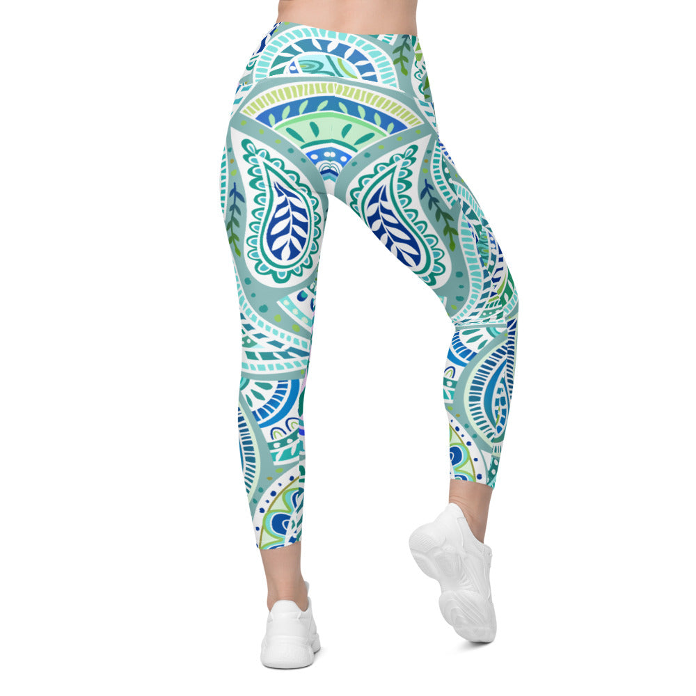 Womens Workout Yoga Blue and Green Paisley Leggings with Pockets 