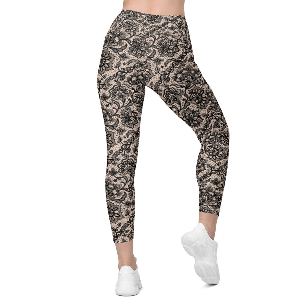 Womens Workout Yoga Black Faux Lace Leggings Grey/Black